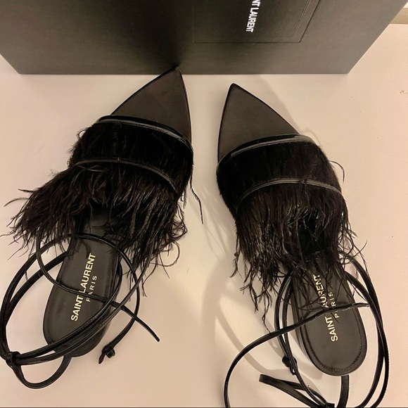 Saint Laurent Era Ostrich Feather Ankle Wrap Sandals - Picture 6 of 8